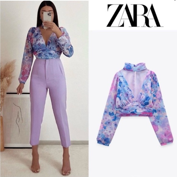Zara V-Neck Floral Blouse - Purple and Blue NEW 🆕 - Picture 2 of 4